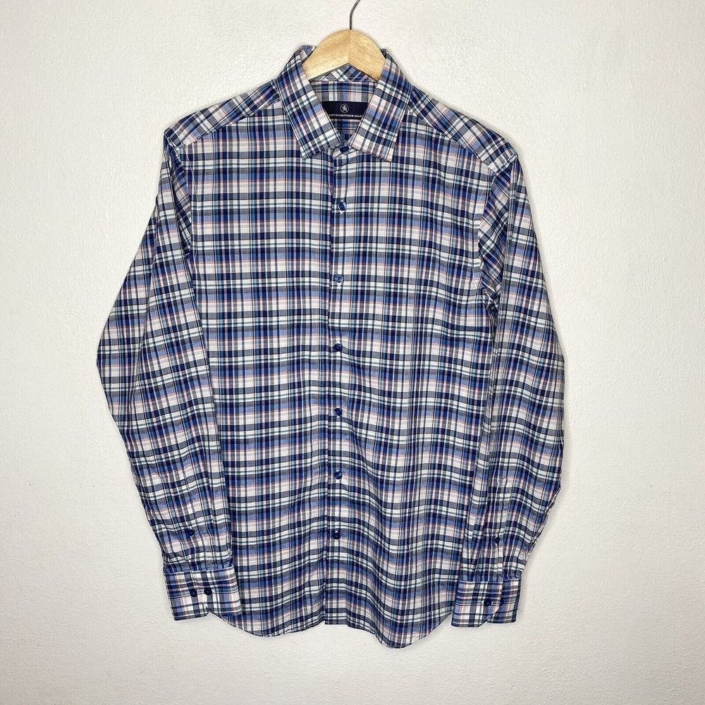 Hart Schaffer Marc Blue Plaid Long Sleeve Button Up Cotton Shirt Mens Medium